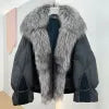 Janveny Natural Silver Fox Fur Collar Women's White Duck Down Jacket Luxury Brand Short Puffer Coat Thick Warm Female Parkas